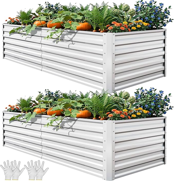 YITAHOME 6x3x2ft 2pcs Large Raised Garden Bed Kit, Galvanized Metal Planter Box with Gloves, Ground Nails, Support Rod, Outdoor Above Ground Planters for Plants Vegetables Flowers, Silver