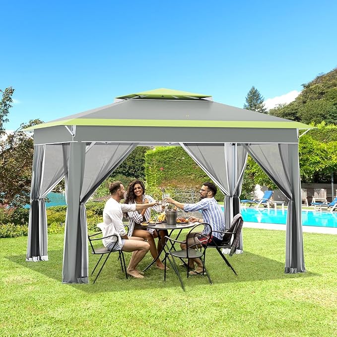 ECOTOUGE 11 FT Pop Up Canopy Tent with Mosquito Nettings, Instant Shelte gazebos on Clearance w/Carrying Roller Bag, Waterproof and UV Resistant Canopy Tent for Grill, Garden and Backyard Grey-Green