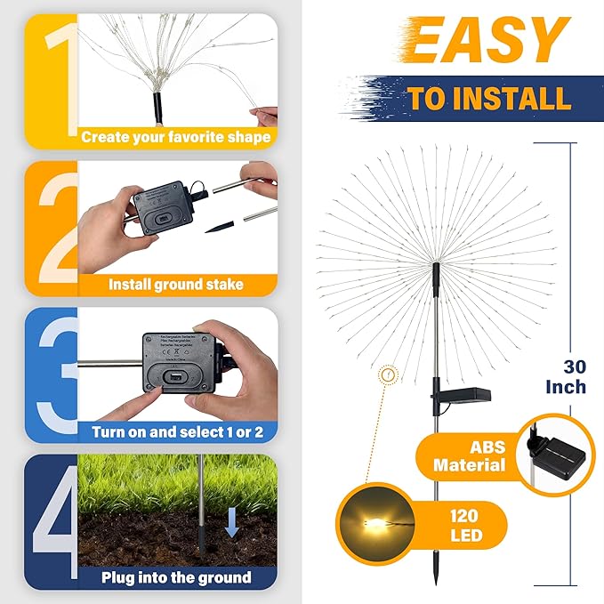 Solar Garden Lights Outdoor Decorative, 2pack 120 LED Firework Lights Waterproof，Solar Fairy Lights for Outside,Garden,Yard, Patio,Pathway,Flowerbed,Party(Multicolor)