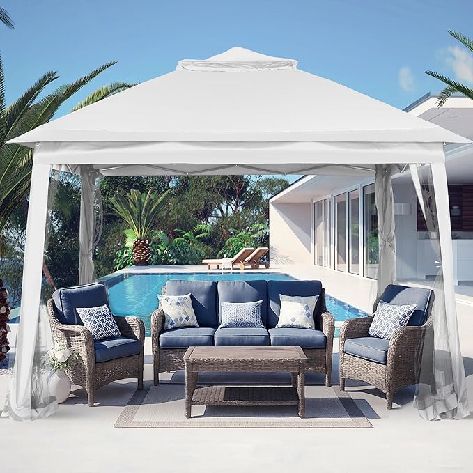 GDY 11x11 Pop Up Canopy Tent, Outdoor Canopy with Netting, Outdoor Gazebo for Backyard, Tent with Hand Bag, White.