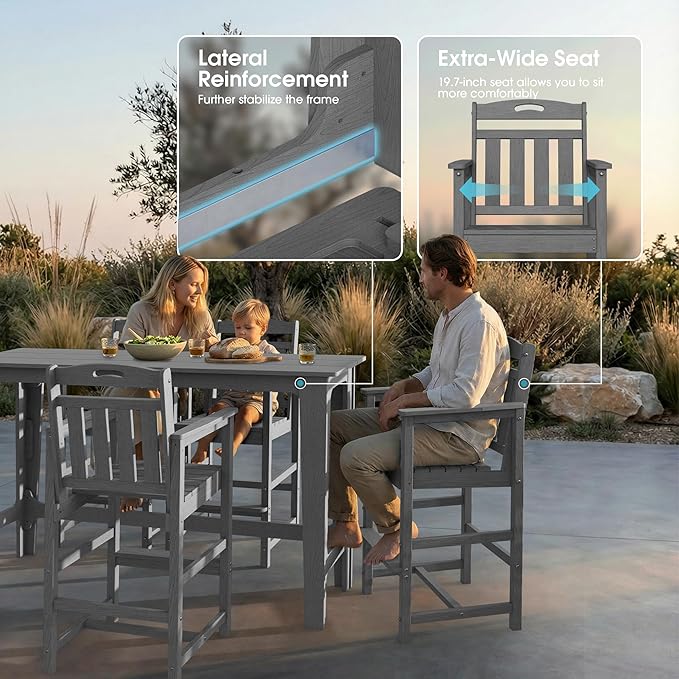 Ciokea Outdoor Bar Height Table Set of 5, 60" Extra Long Rectangle High Top Table and 4 Oversized Adirondack Chairs Set, Heavy-Duty All-Weather HDPE Patio Bar Set for Backyard Balcony Deck, Grey