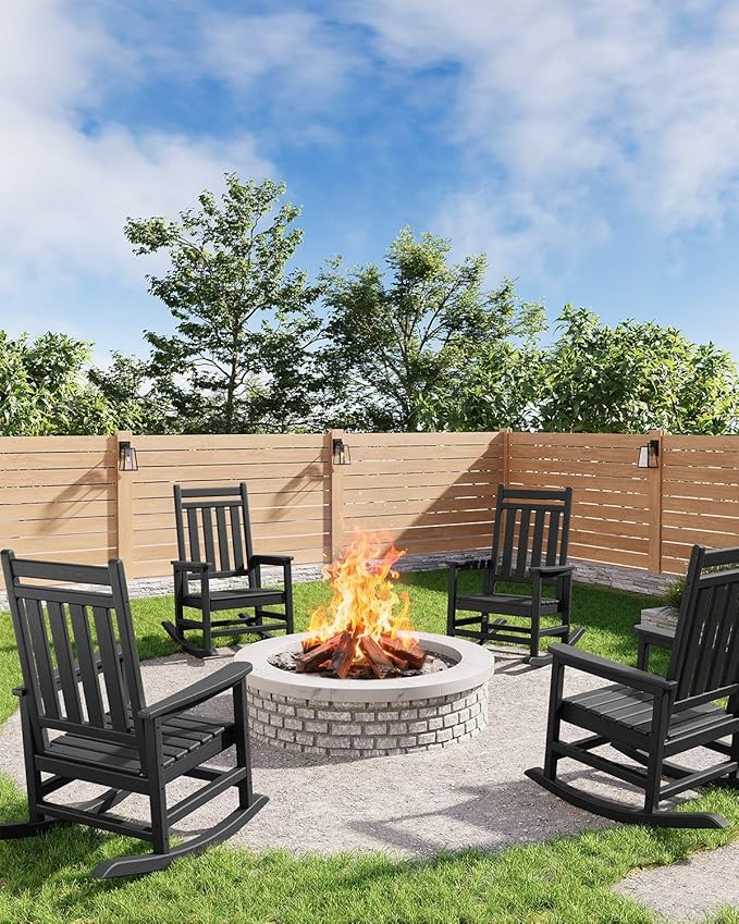 HDPE Rocking Chair Outdoor Set of 4 - Poly High Back Porch Rocker Chairs for Adults - All Weather Resistant Furniture for Patio Front Porch - Black