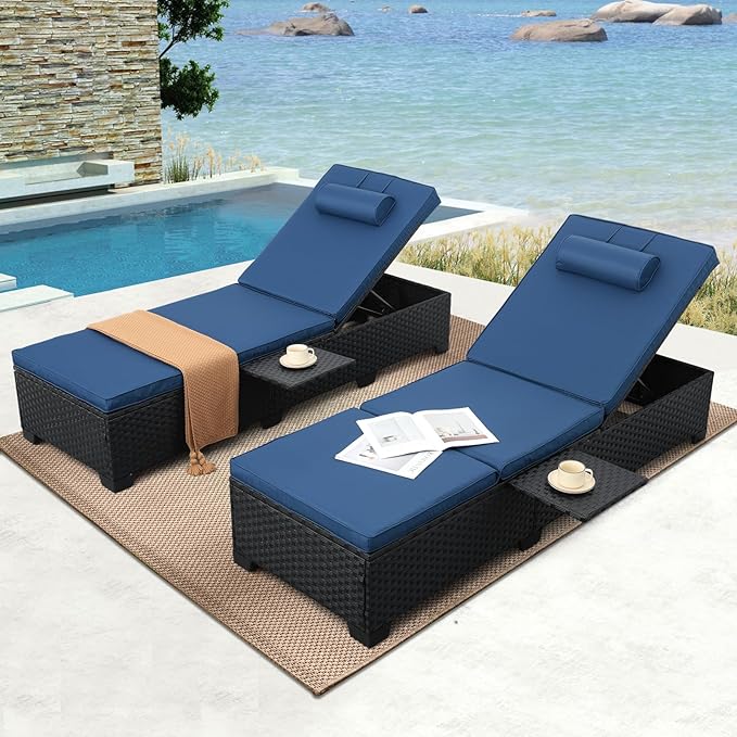 WAROOM Outdoor Chaise Lounge Chairs for Outside Patio Furniture Set of 2 Wicker Recliner Black Rattan Sunbathing Lounger Adjustable Backrest Pool Reclining Chair, Navy Blue Cushion
