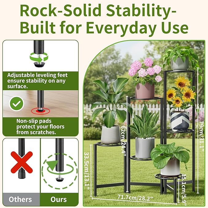 6 Tier Large Plant Stand Indoor with 7.9-Inch Wide Drainage Tray, Tiered Corner Metal Outdoor Flower Display Holder Shelf, Folding Tall Rack for House Patio Porch Balcony Graden - BlackS