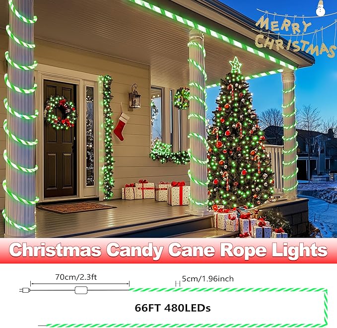 Jnaurb Christmas Candy Cane Lights, 66ft 480 LED Connectable Flexible White & Green Candy Cane Rope Lights for Outside, 8 Modes Waterproof LED Christmas Light for Garden Patio Tree Holiday Party Decor