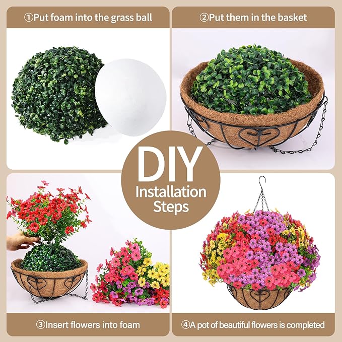Artificial Hanging Flower for Outdoors, Fake Hanging Basket for Outside,1 Hanging Basket with 13 Pcs Faux Silk Flowers for Porch, Balcony and Patio Decor(Mixed)