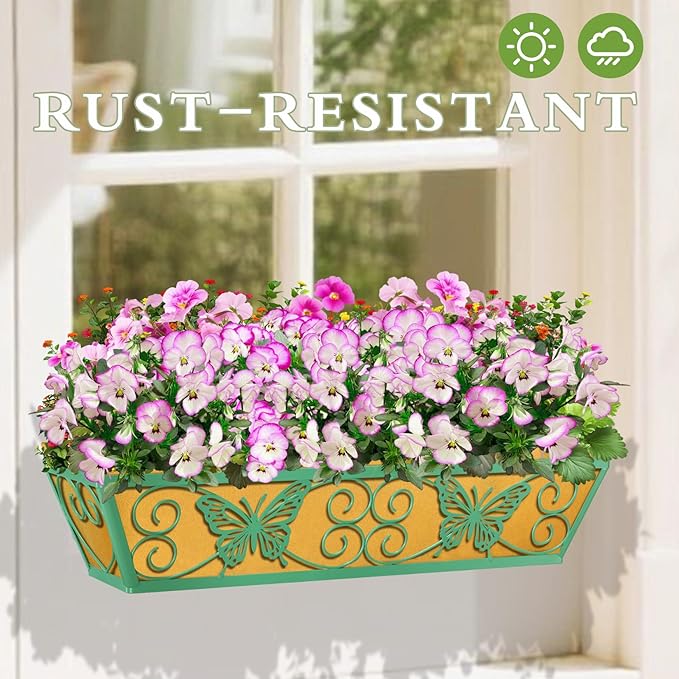 2 Pack 24 Inch Window Boxes Planters Railing Planter Box with Adjustable Brackets for Porch Fence Patio Balcony Hanging Flower Baskets with Woven Fabric for Outdoor Garden Decor - Green