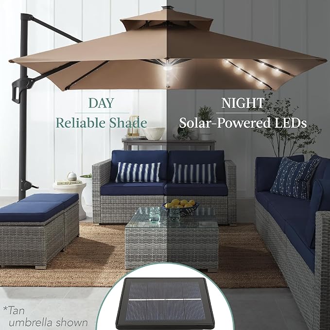 Best Choice Products 10x10ft Cantilever Patio Umbrella w/Base Included, Solar LED Lights 360 Rotation Large Offset Hanging Outdoor Shade for Deck Pool Backyard w/Stand – Ivory