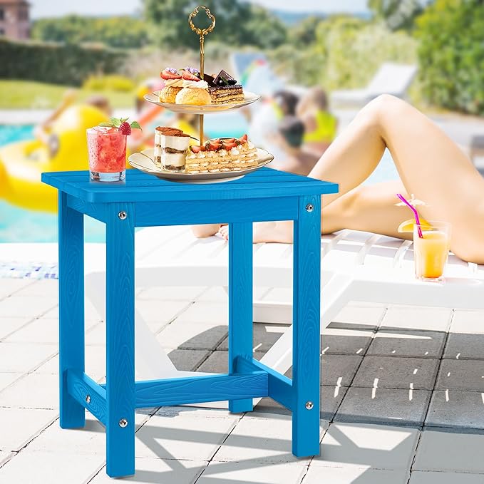 Y&M Outdoor Side Table, HIPS Adirondack Small Single Table, Waterproof Square Outside Table, Balcony Modern End Tables for Patio, Pool, Beach, Porch, Deck, Indoor or Outdoor Use, Bright Blue