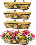 4 Pack 24 Inch Window Boxes Planter Railing Planters Box with Adjustable Brackets for Porch Deck Balcony Hanging Butterfly Decorative Flower Baskets & Non-Woven Fabric Liner for Outdoor Plants - Black