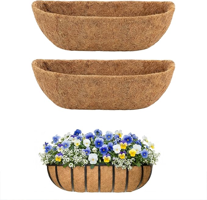 2 Pcs 24 Inch Trough Coco Liner for Window Box, 100% Natural Half Moon Coconut Coir Planter, Replaceable Coconut Fiber Liner for Window Boxes & Fence Flower Baskets (2, 24 inch)