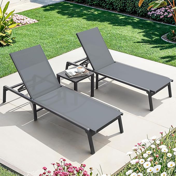 ONBRILL Aluminum Chaise Lounge Chair Outdoor, Foldable & Assembly Free Outdoor Lounge Chair with 5 Position Adjustable Backrest, Patio Pool Lounge Chairs for Outside Poolside Beach Lawn, 1PC, Grey