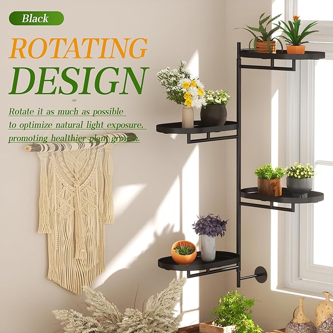 Window Rotating Plant Stand Shelf Indoor Black Metal Floating Shelves 4-Tier Wall Mount Plant hanger Holders for Wall Planter Modern Home Decor window sill gifts