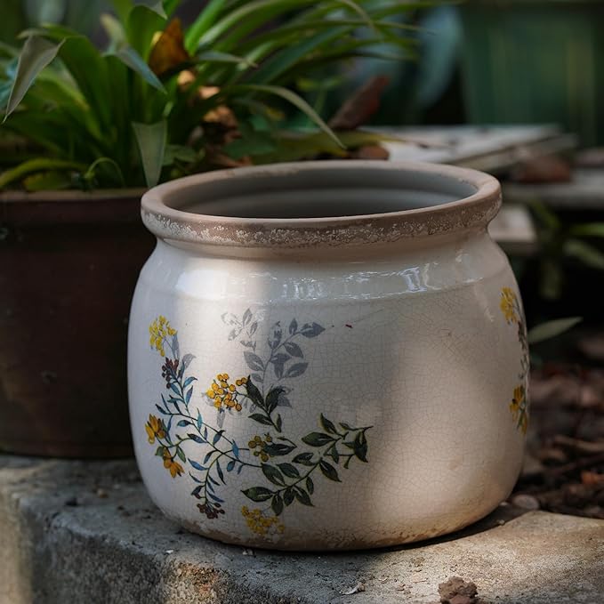 Vintage Ceramic Ice Crack Flower Pot with Drainage Holes, Country Rustic Planters for Indoor and Outdoor,Tuscan Decor,Home,Living Room, Garden Decor, Gardening Gift (English)