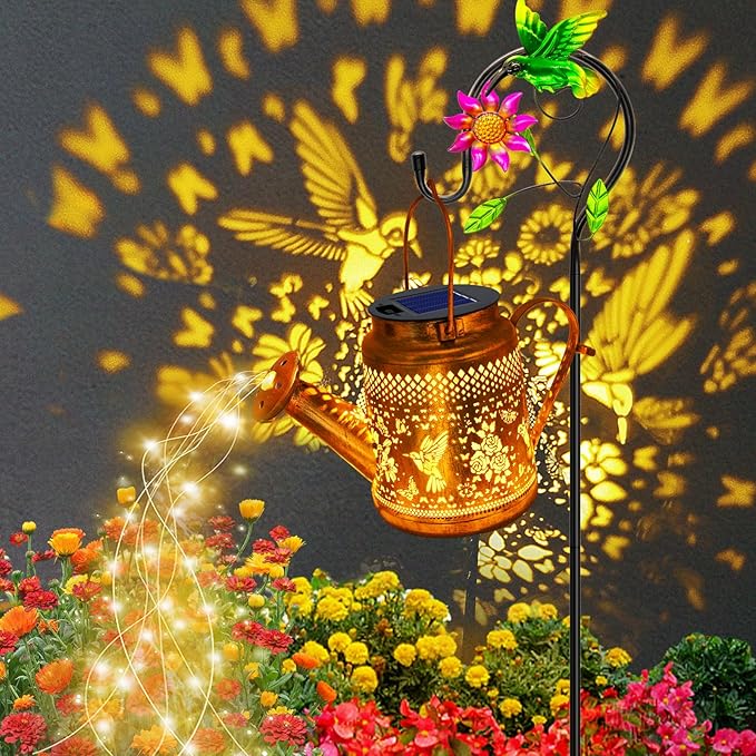 Solar Lanterns Outdoor Waterproof, Hummingbird Watering Can Garden Decor, Hanging Solar Path Lights Yard Art, Outside Patio Decoration Gardening Christmas Gift for Mom Grandma Women with Shepherd Hook