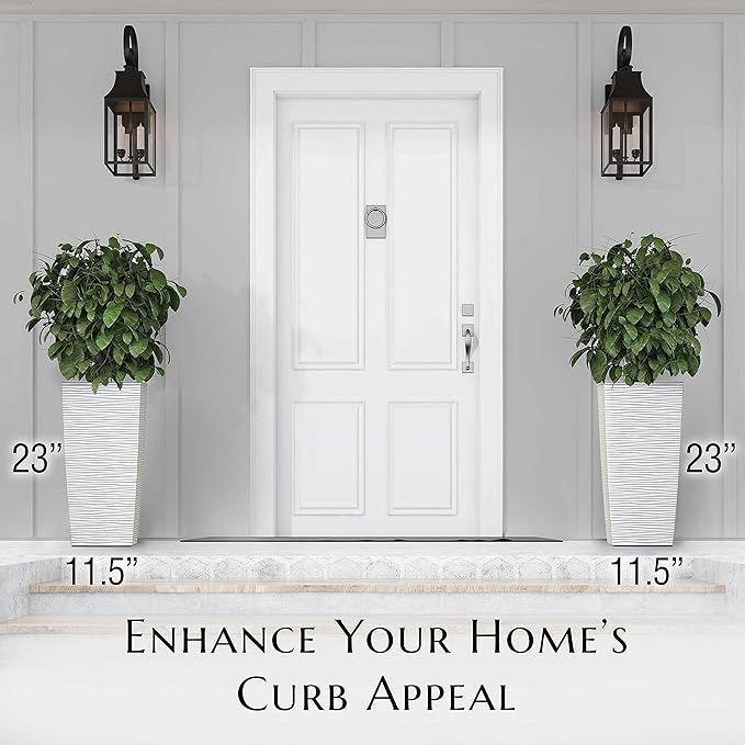 Mueller M-Resin Heavy Duty Tall Planters for Outdoor Plants, Indoor Grande Plant Pots, Boxes, Trees, Flower Pots, 2-Piece Set, 24”, Modern Design, Built-in Drainage, Front Porch Decor, White