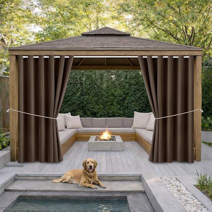 Water Proof Outside Curtains with Grommet Top for Porch, Thermal Insulated Washable Light Block Outdoor Divider Drapes for Patio Gazebo Deck Pool Area Pergola Cabana (W84 x L95, Brown, 2 Panels)