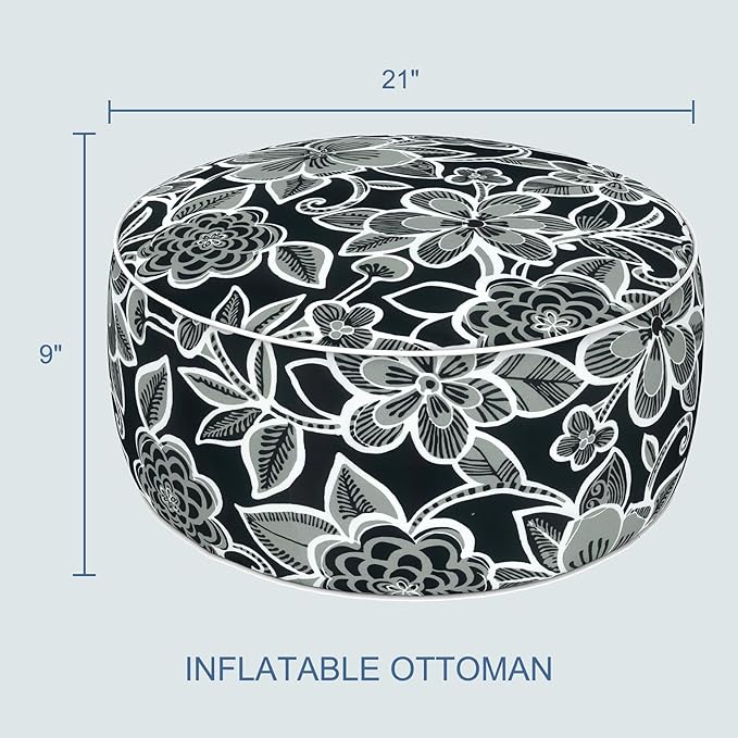 LVTXIII Indoor/Outdoor Inflatable Ottoman with Handle D21 x H9 Inch, Weather-Resistant Round Footstool Pouf for Patio Camping Living Room, Portable Footrest Extra Seating, Flower Black