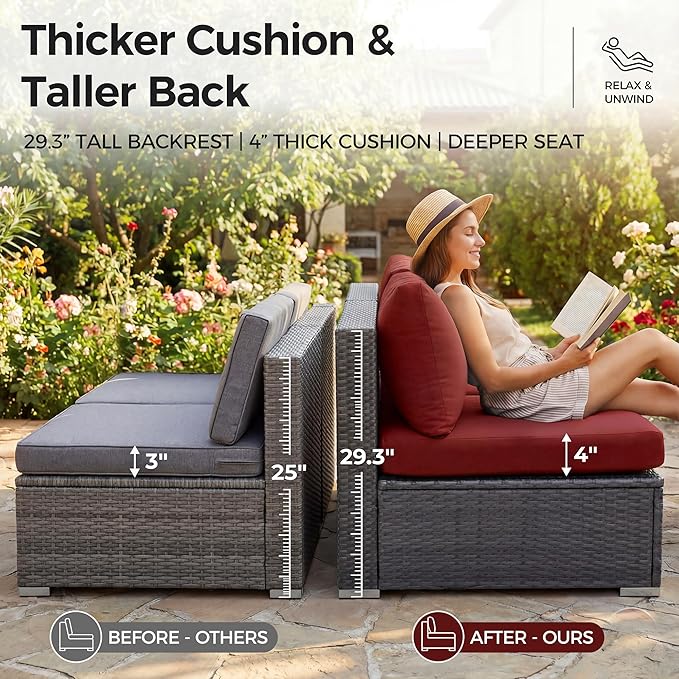 NICESOUL 7 Piece Outdoor Patio Furniture with Firepit Table Natural Gas & Propane Convertible, 29.3'' High Back L Shaped Couch Sectional, Extra Large Rattan Patio Modular Set for Backyard, Burgundy