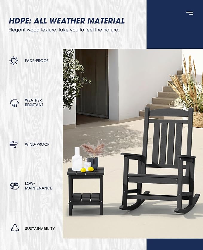 KINGYES HDPE Outdoor Rocking Chair Set of 4, Widened Seat Patio Rocking Chair, Oversized All Weather Patio Rocker, Black