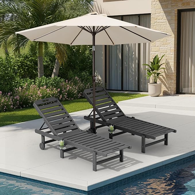 SERWALL Outdoor Chaise Lounge Set of 2 with 9FT Patio Umbrella, HDPE Pool Lounge Chair with 5-Position Adjustable Backrest, Patio Lounger with Rolling Wheels & Cup Holder for Pool, Grey