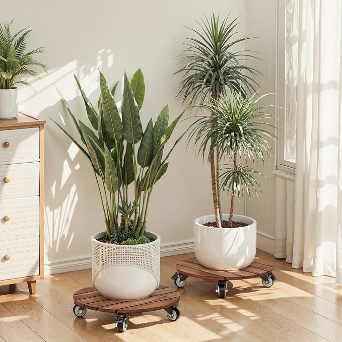 2pack Wood Plant Caddy With Wheels Heavy Duty Red Brown, 264 Lbs Capacity, 12 Inch Acacia Hardwood Plant Roller, Plant Stand with 360° Lockable Wheels, Plant Caster for Heavy Objects Hauling