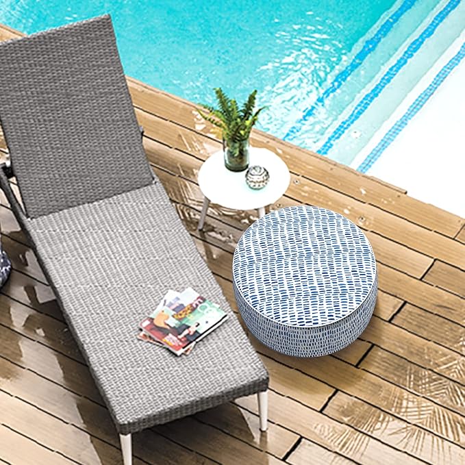 LVTXIII Outdoor Inflatable Ottoman Stool, Patio Water Repellent Footrest Stool with Handle, Portable Outside Round Ottoman for Patio Garden, Camping or Home Use, 21"x21"x9", Blue Pebble