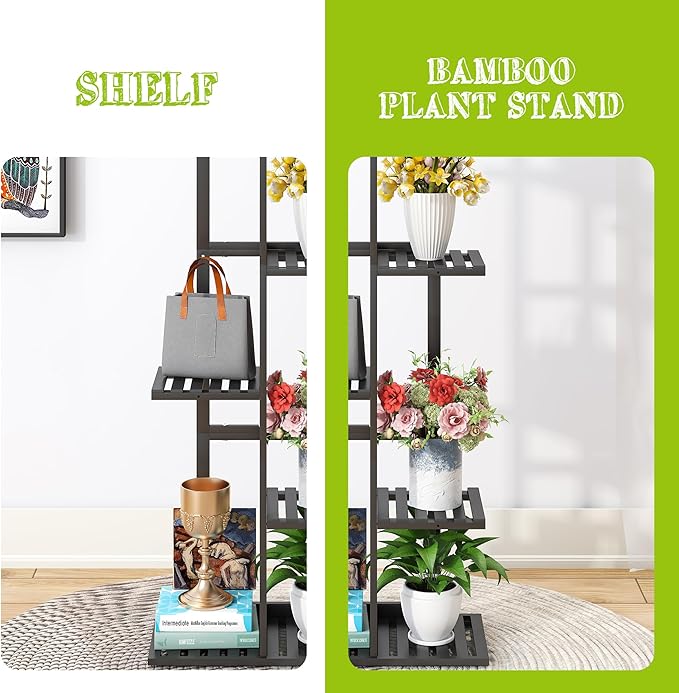 BMOSU Bamboo Plant Stand for Indoor Outdoor Plants Corner Tall Plant Shelf 6 Potted Holder Shelf Plant Rack Holder Display Rack(Black)