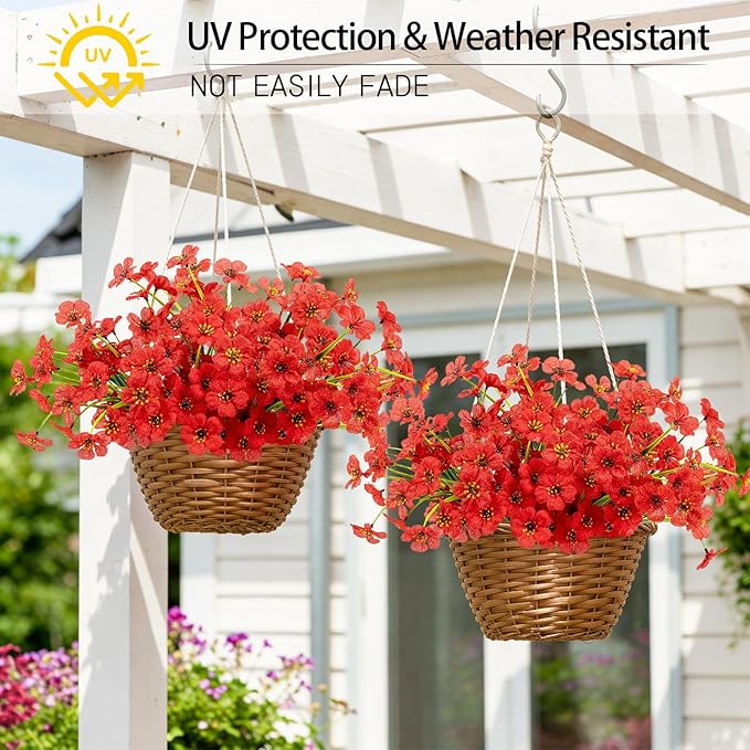 MACTING Artificial Flowers for Outdoors Fake Spring Flowers UV Resistant No Fade Faux Plastic Plants for Hanging Planters Window Patio Porch Yard Garden Home Indoor Outside Summer Decorations(Red)