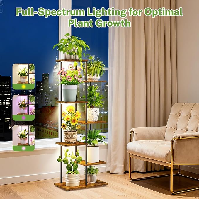 iDavosic.ly 6 Tier Tall Plant Stand Indoor with Light, Tiered Corner Metal Wood Multiple Flower Holder Shelf, 50 Inch Display Grow Rack for Living Room Bedroom, Modern Black & Rustic Brown