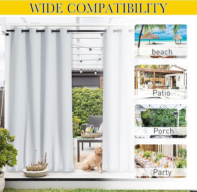 NICETOWN 2 Panels Greyish White Privacy Outdoor Curtains for Patio, Waterproof Thermal Insulated Grommet & Back Tab on Top and Bottom Windproof Drapes with Fixed Rope for Porch, W52 x L108