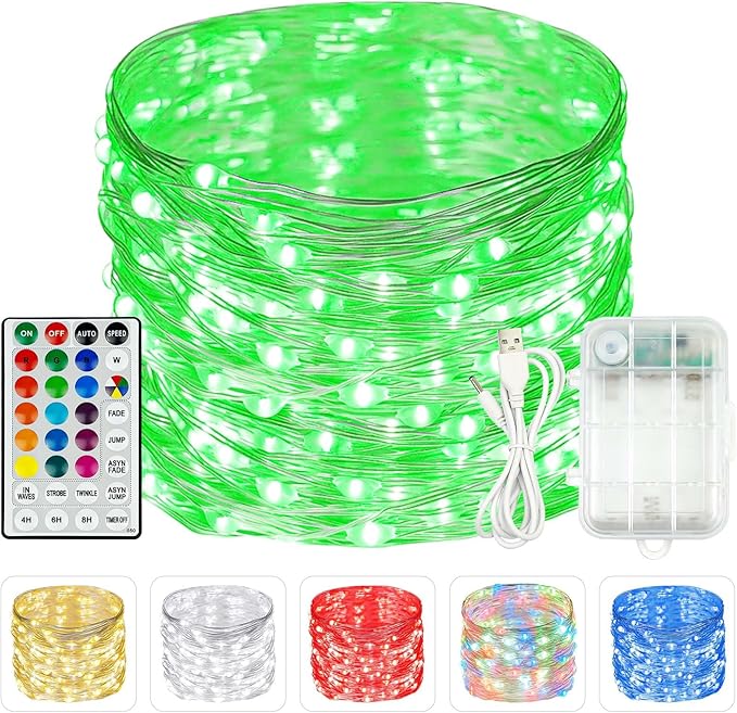 RGB Color Changing 33Ft 100LED St. Patrick's Day Fairy Lights Battery Operated, Waterproof String Lights USB Powered with Timer for Indoor & Outdoor, 18 Colors & Multicolor for Bedroom Christmas Decor