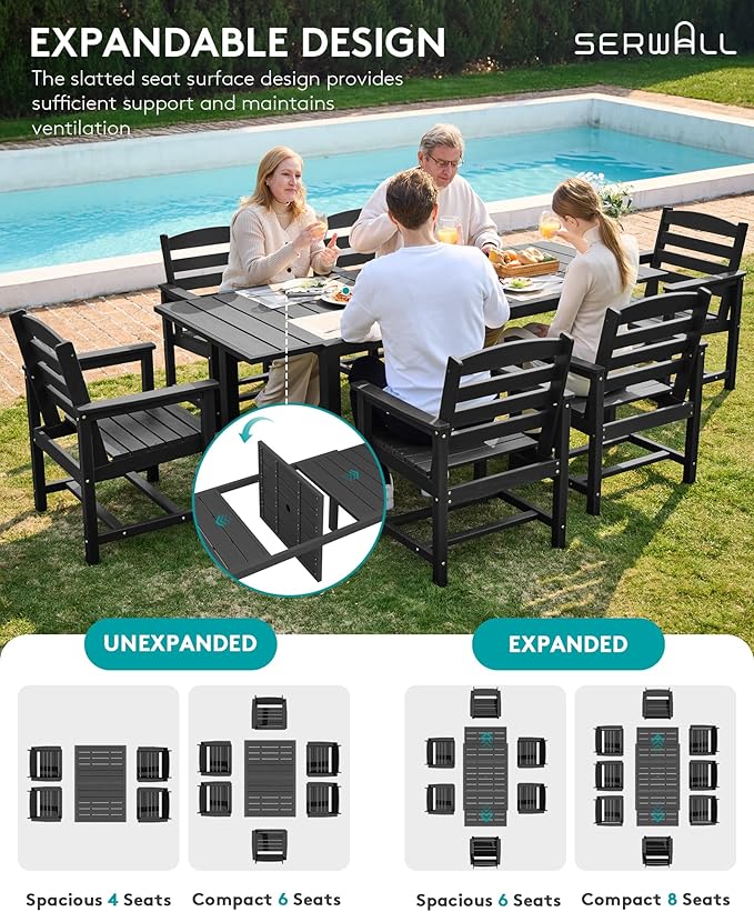 SERWALL Outdoor Expandable Dining Table 60" - 83", Patio Dining Table for 4-10 People, All Weather HDPE and Aluminum Outdoor Furniture for Backyard, Garden, Black