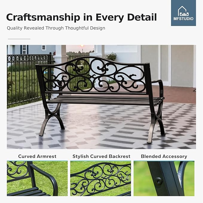 MFSTUDIO 50 Inches Outdoor Garden Bench, Cast Iron Metal Frame Patio Park Bench with Floral Pattern Backrest, Arch Legs for Porch Lawn Garden Yard(Black)