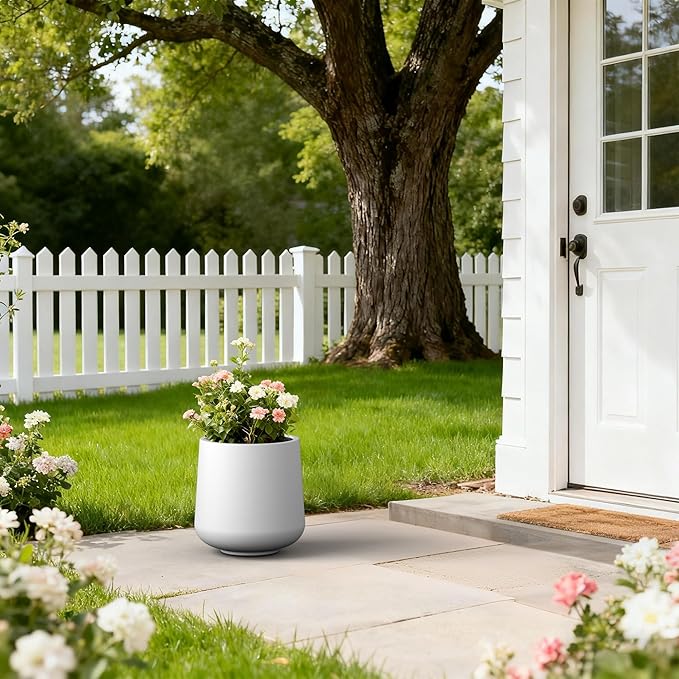Kante 11.6" Dia Round Concrete Planter, Outdoor Indoor Large Plant Pots Containers with Drainage Hole and Rubber Plug for Home Garden Patio, Pure White