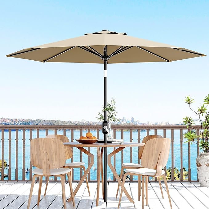 10 ft Patio Umbrella - 8 Sturdy Ribs Outdoor Table Umbrella with Crank Lift & Push Button Tilt - Market Umbrella for Pool, Deck, Yard, Garden - Tan
