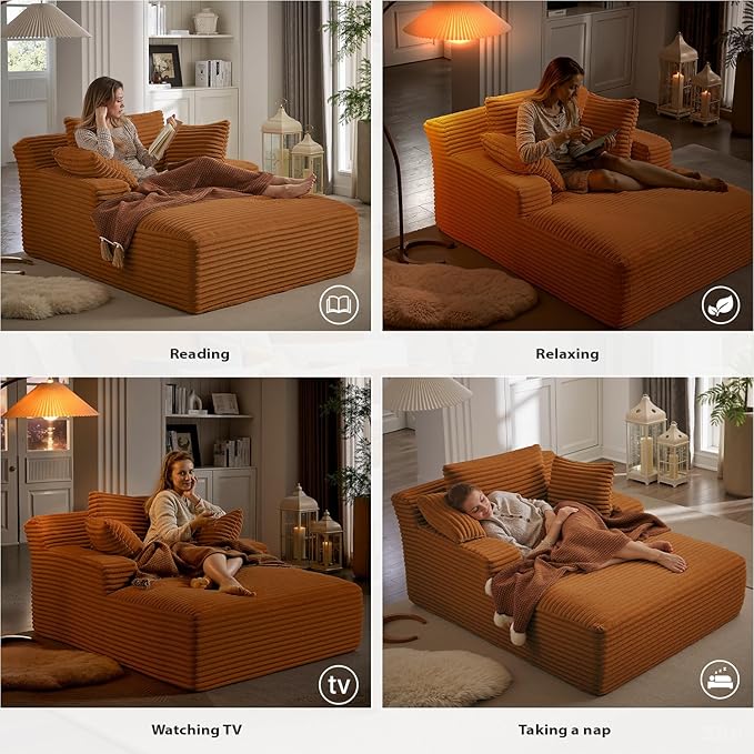 50 Inches Chaise Lounge Indoor, Oversized Chaise Lounge Chair with 3 Throw Pillows and Armrests, Corduroy Upholstered Plush Sofa Bed Lazy Chair Bed Sleeper Chair for Living Room Apartment (Orange)