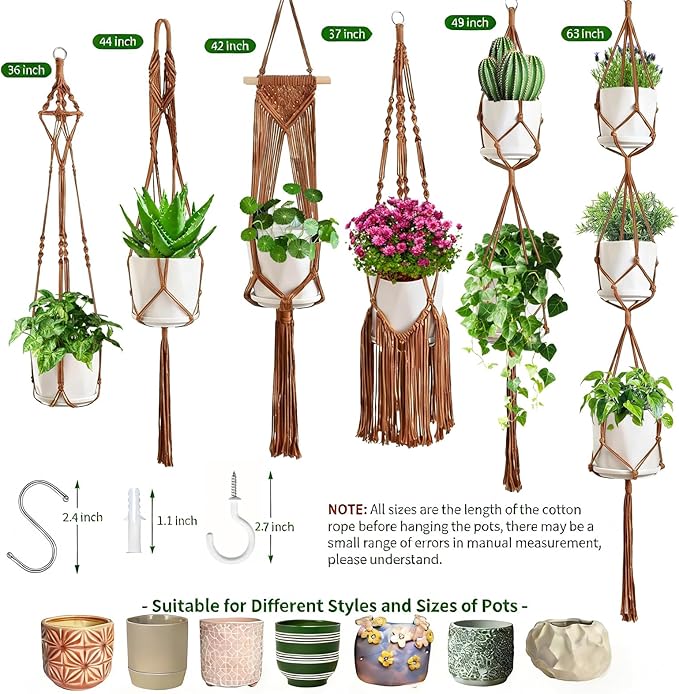 Macrame Plant Hangers, 6Pack Hanging Plant Holders Indoor w/ 6 Set Hooks Handmade Cotton Rope Plant Hangers Set Flower Pots Holder Stand Boho Home Decor Hanging Planters for Indoor Outdoor Plants