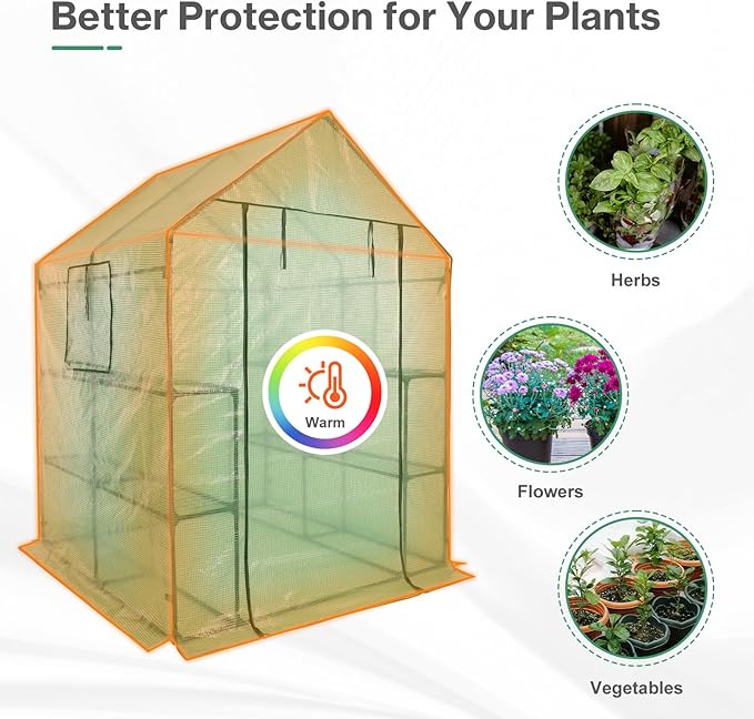 Aoodor Walk-in Greenhouse with 8 Shelves, 4.7 × 4.7 × 6.4 ft Outdoor Garden Plant House with PE Cover for Growing Vegetables, Flowers, Herbs