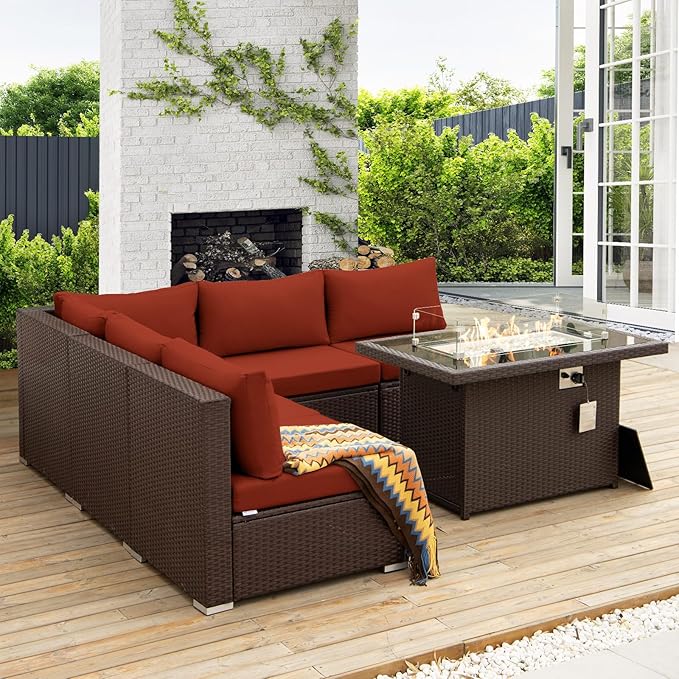 NICESOUL 6 Piece L-Shaped Modern Outdoor Furniture Set with Firepit Natural Gas/Propane, 29.3'' High-Back Deep Wide Seat Patio Conversations for Outside, Large Size Sofa, Brown Rattan and Red Cushion