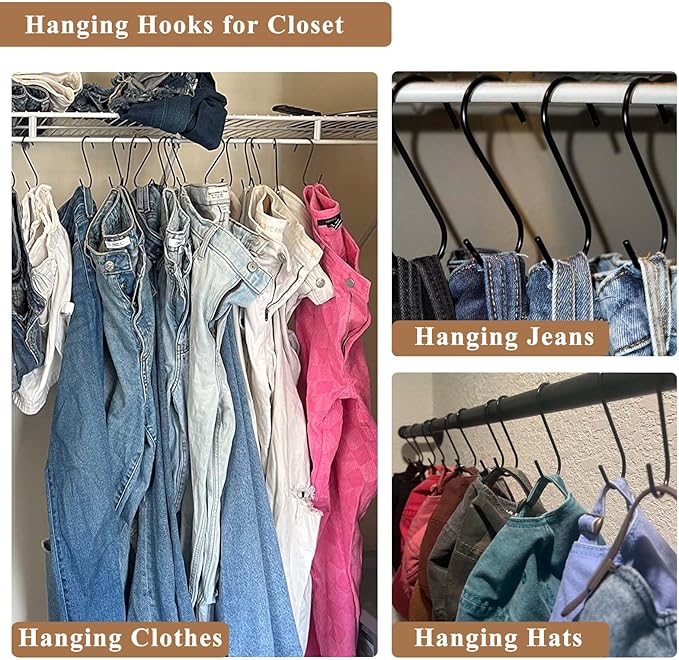 30 Pack 3.7 inch Length S Hooks Black Steel S Shaped Hooks for Hanging Jeans Pans Pots Plants Bags Towels Kitchen Closet Hooks Hanger, Fit The Rod Dia Less than1 inches