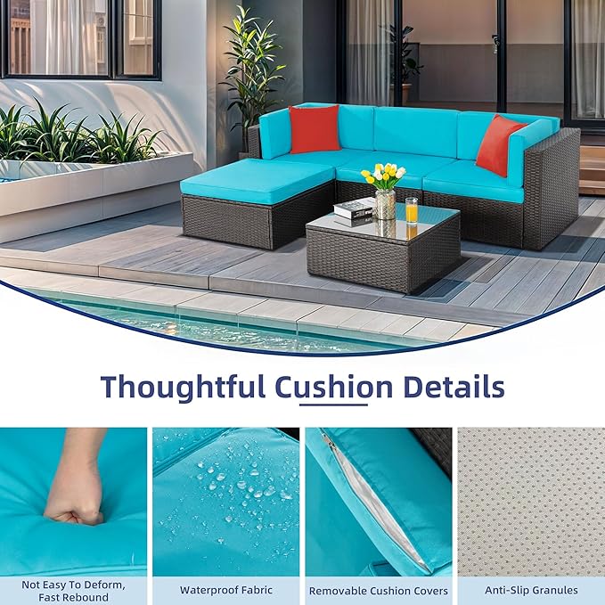 Vongrasig 5 Piece Furniture Sets, All-Weather Brown PE Wicker Outdoor Couch Sectional Small Patio Conversation Garden Sofa Set w/Ottoman, Glass Table, Blue