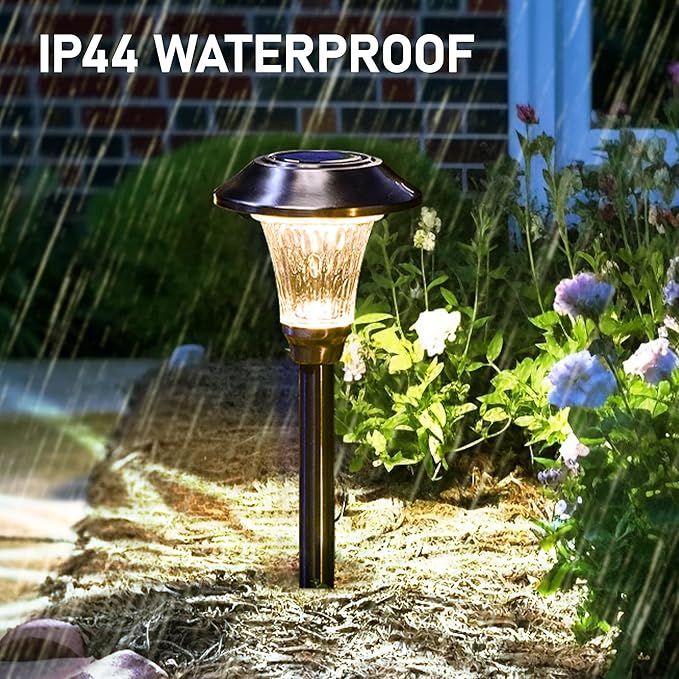 GIGALUMI Solar Pathway Lights, 8 Pack Solar Light Outdoor Waterproof, Glass Stainless Steel Automatic Solar Landscape Lights for Patio, Yard, Lawn, Driveway, Walkway (Warm White)
