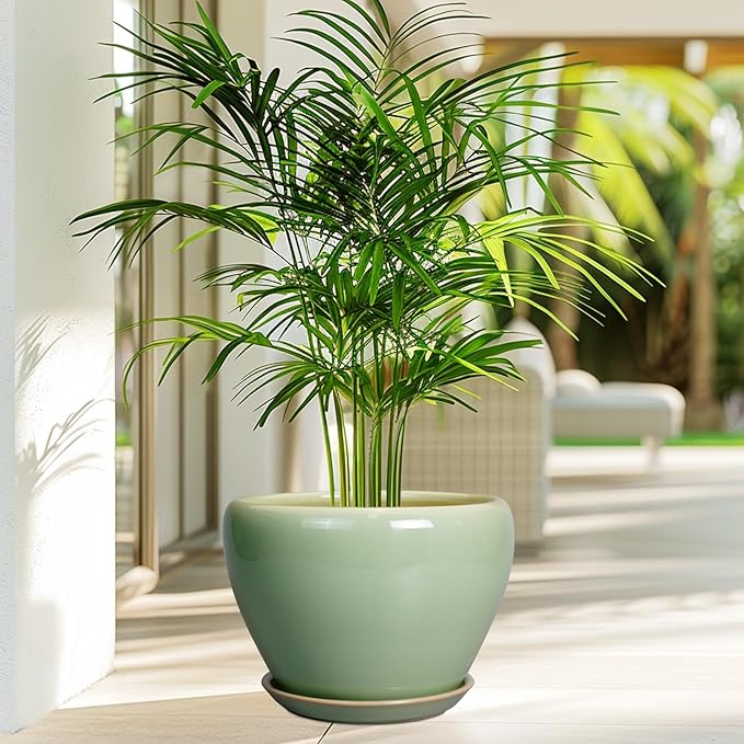 Ceramic Planter Pot - 10 Inch Plant Pot for Indoor Plants Decorative Planter with Drainage Hole and Saucer Large Pot for Plants Outdoor Round Flower Pot for Garden Green