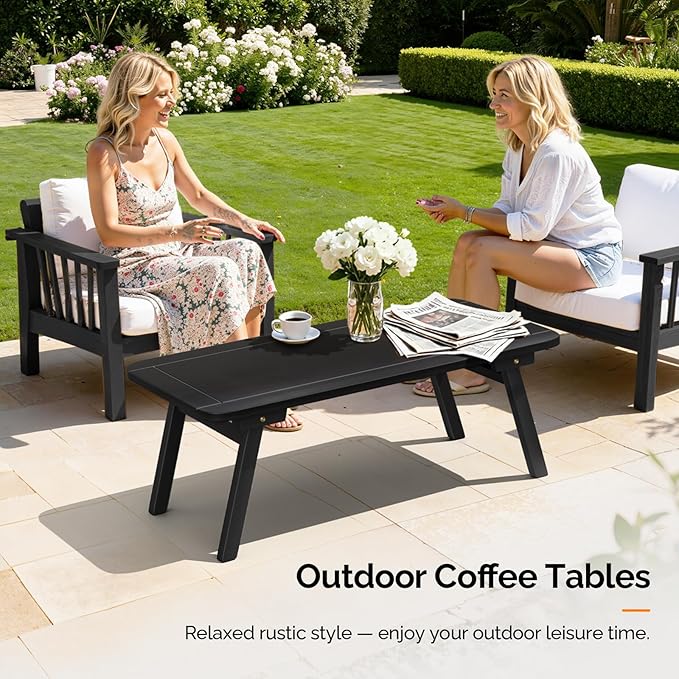 VINGLI Outdoor Folding Coffee Table, Natural Poplar Wood Patio Coffee Table, No Assembly Required, Ideal for Balcony, Porch, and Living Room, Oval, Black