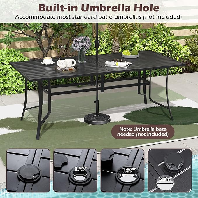 Tangkula 76" x 36" Metal Patio Dining Table for 8, Rectangle Heavy Duty Outdoor Dining Table with Umbrella Hole, 8-Person Outside Dining Furniture for Porch, Garden, Balcony and Backyard