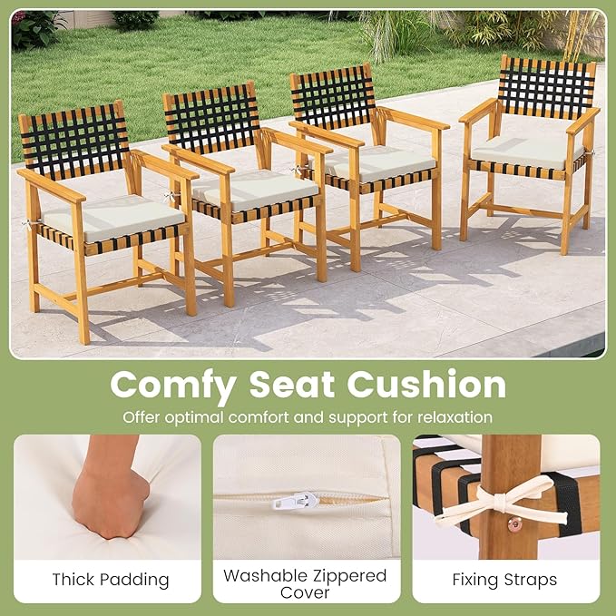 Tangkula 7 Piece Patio Dining Set for 6 People, 63” Outdoor Rectangular Acacia Wood Table with 1.97” Umbrella Hole & 6 Armchairs with Padded Seat Cushions, for Deck Yard and Poolside