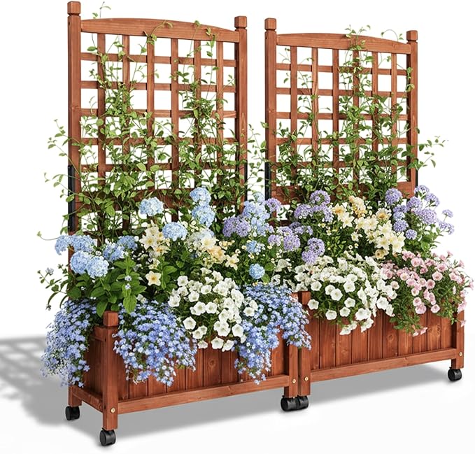 VINGLI 2PC Wooden Planter with Trellis, 50" Height Elevated Garden Beds Outdoor with Wheels, FreeStanding Planter Box with Drainage Holes for Flower, Vegetable, Fruit, Herb in Garden, Patio, Balcony