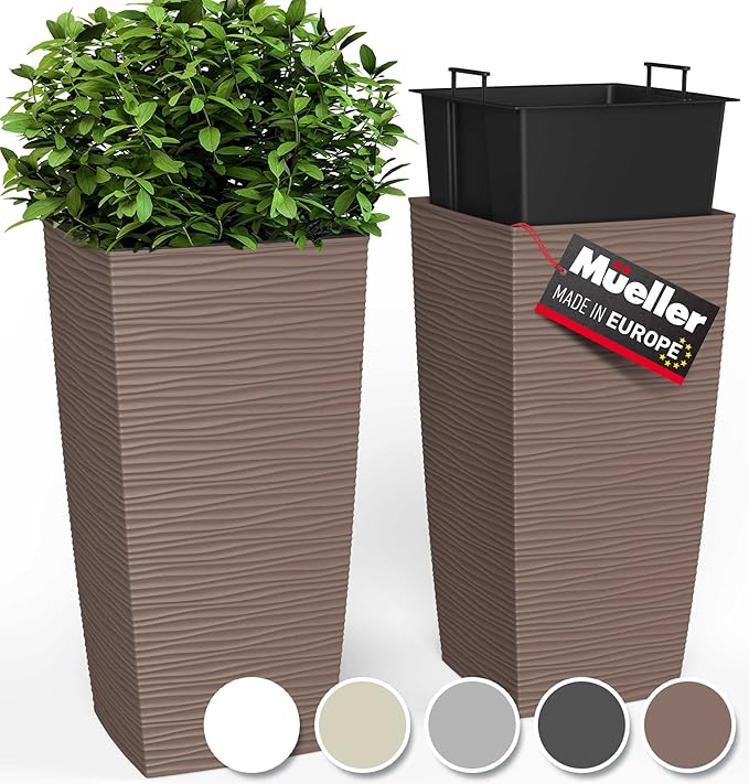 Mueller Janska M-Resin Heavy Duty Tall Planter, Indoor/Outdoor Grande Plant, Tree, Flower Pot, 2-Piece Set, 18”, Modern Design, Built-in Drainage, Mocha
