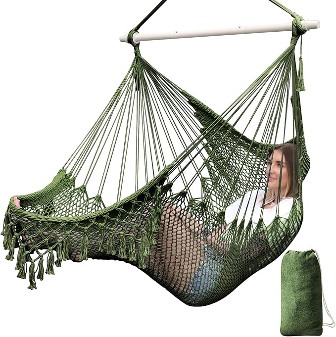 Chihee Hammock Chair Super Large Hanging Chairs Soft-Spun Cotton Rope Woven Chair, Collapsible Strong Metal Spreader Bar Wide Seat Lace Stretch Swing Chairs Indoor Outdoor Garden Yard Theme Decoration